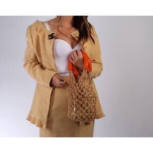 Vintage Chanel 99A Yellow Tweed 2 Piece Skirt Jacket Suit Set Classic Size 42